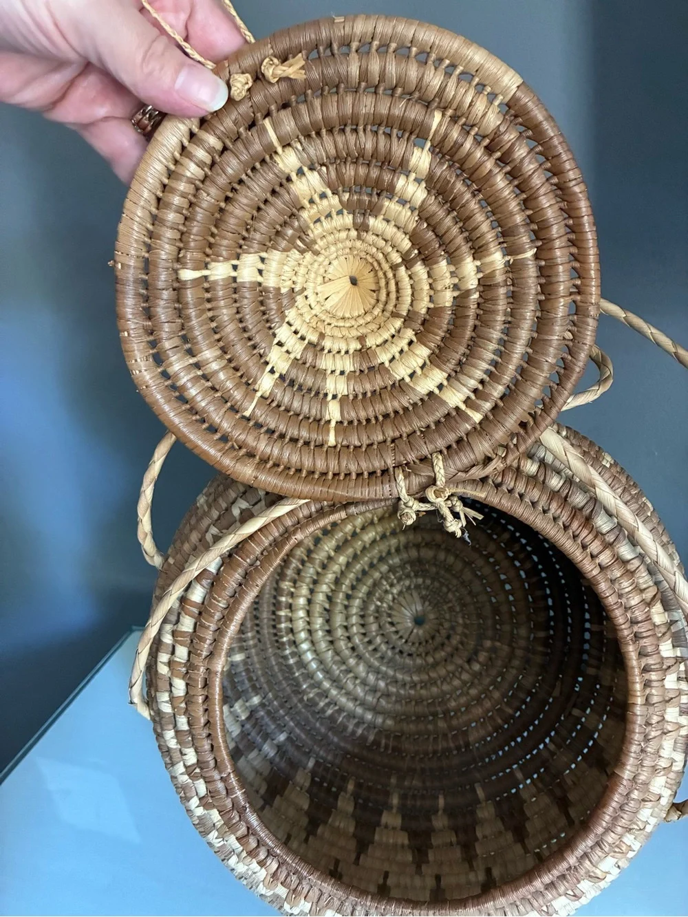 Handmade Lidded African Coiled Basket with Handles Natural Woven Storage Basket